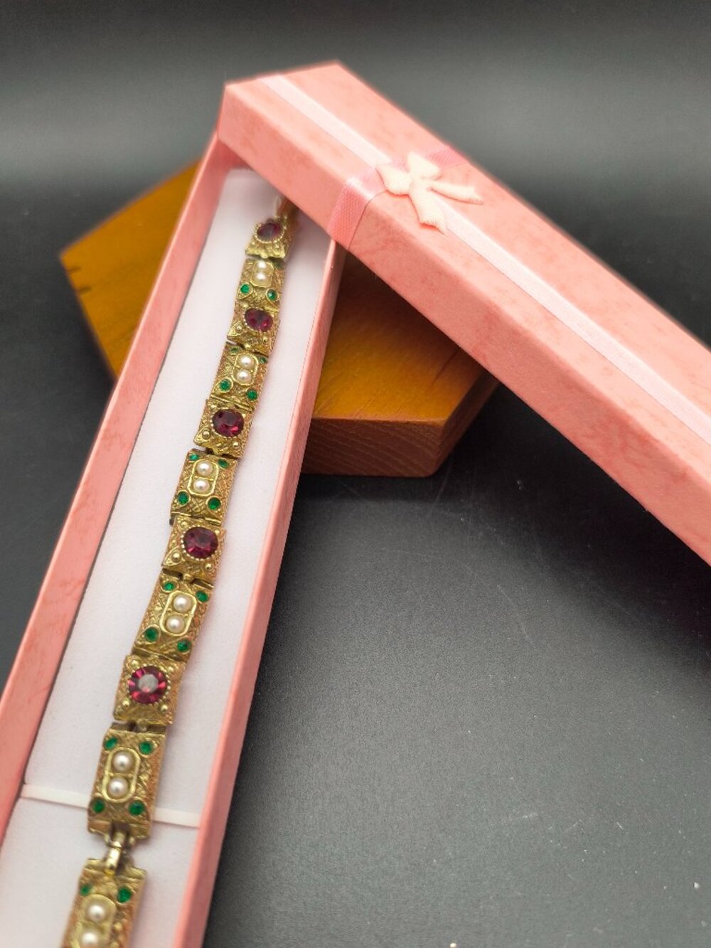 Arthur Pepper Vintage Solid Copper Bracelet • Ornate Links & Jewel‑Tone Stones